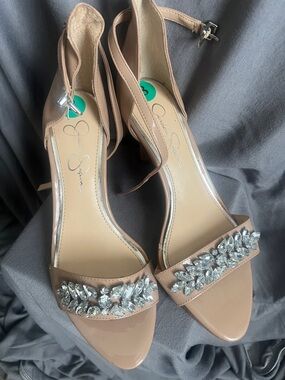 Jessica Simpson Nude Patent Heeled Sandals with Crystal Embellishment